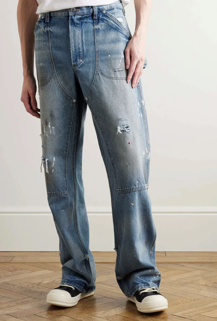 651#Gallery Dept New Retro Old Splashed Paint Holes Dirty Feng Shui Washed Mud Dyeing Logging Workwear Jeans American High Street Casual Workwear Trousers Washed Blue S～XL p290